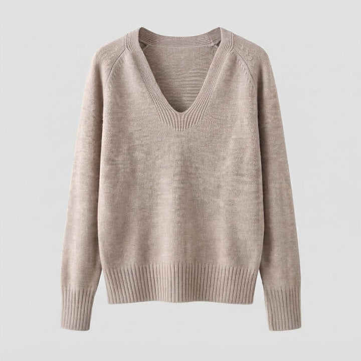 Damen feiner Strickpullover mit weichem V-Ausschnitt, leichter Oversized-Silhouette und gerippten Bündchen Drune