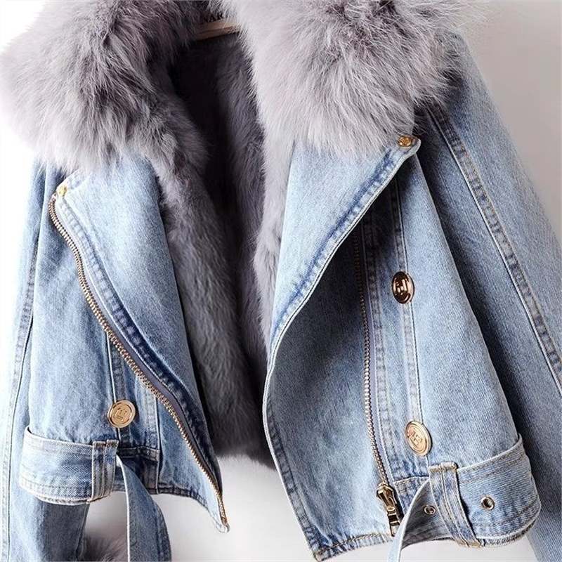 Drune | Denim-Motojacke mit Kunstpelz