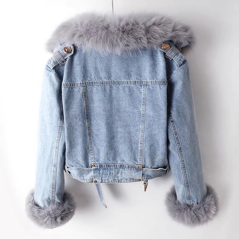 Drune | Denim-Motojacke mit Kunstpelz
