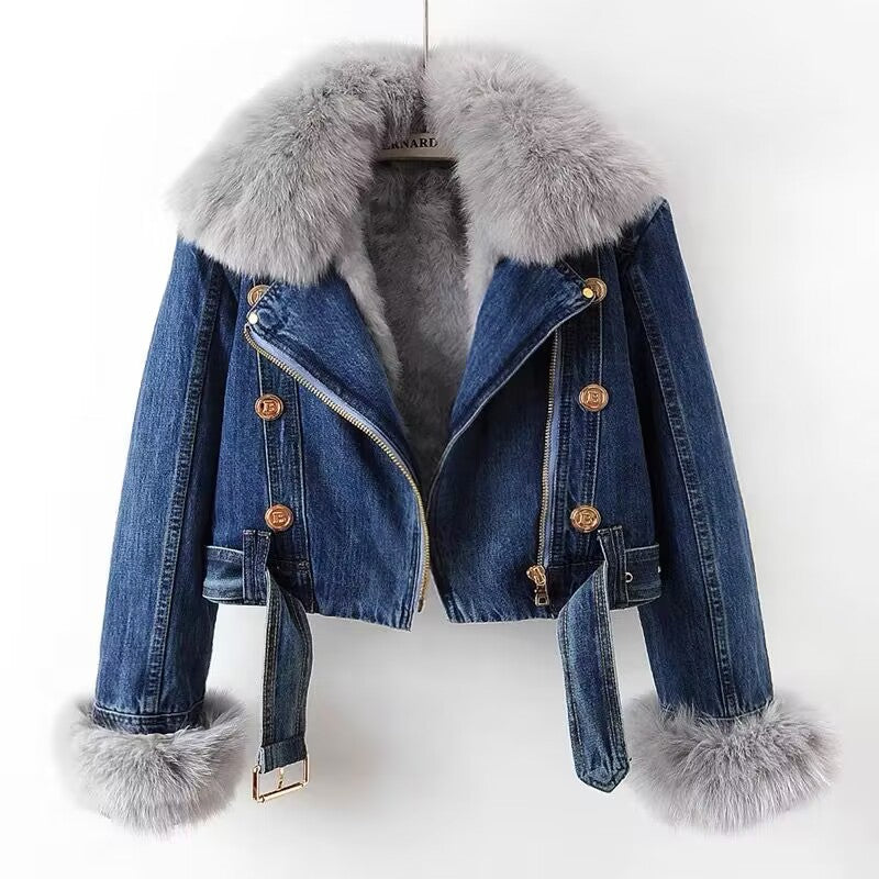 Drune | Denim-Motojacke mit Kunstpelz