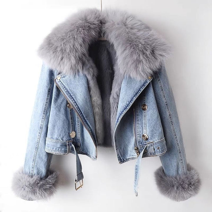 Drune | Denim-Motojacke mit Kunstpelz
