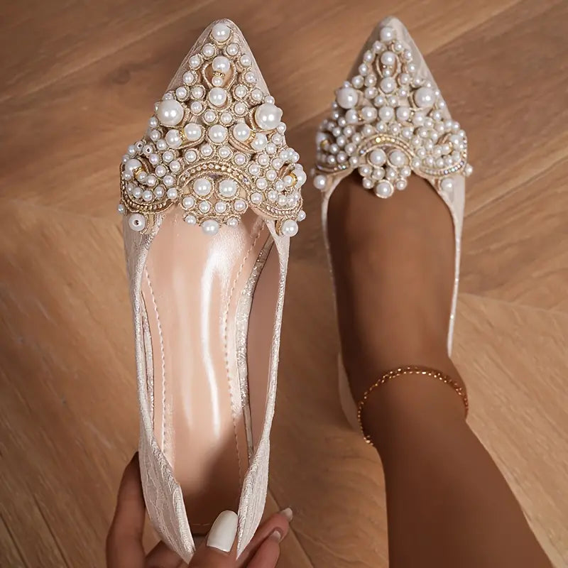 Drune | Elegante Braut Ballerinas mit Spitze und Kunstperlen