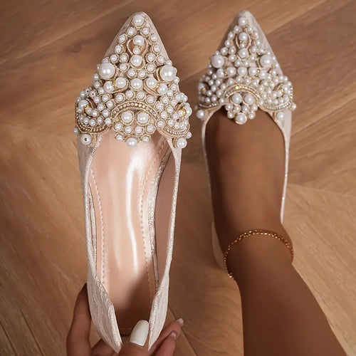 Drune | Elegante Braut Ballerinas mit Spitze und Kunstperlen