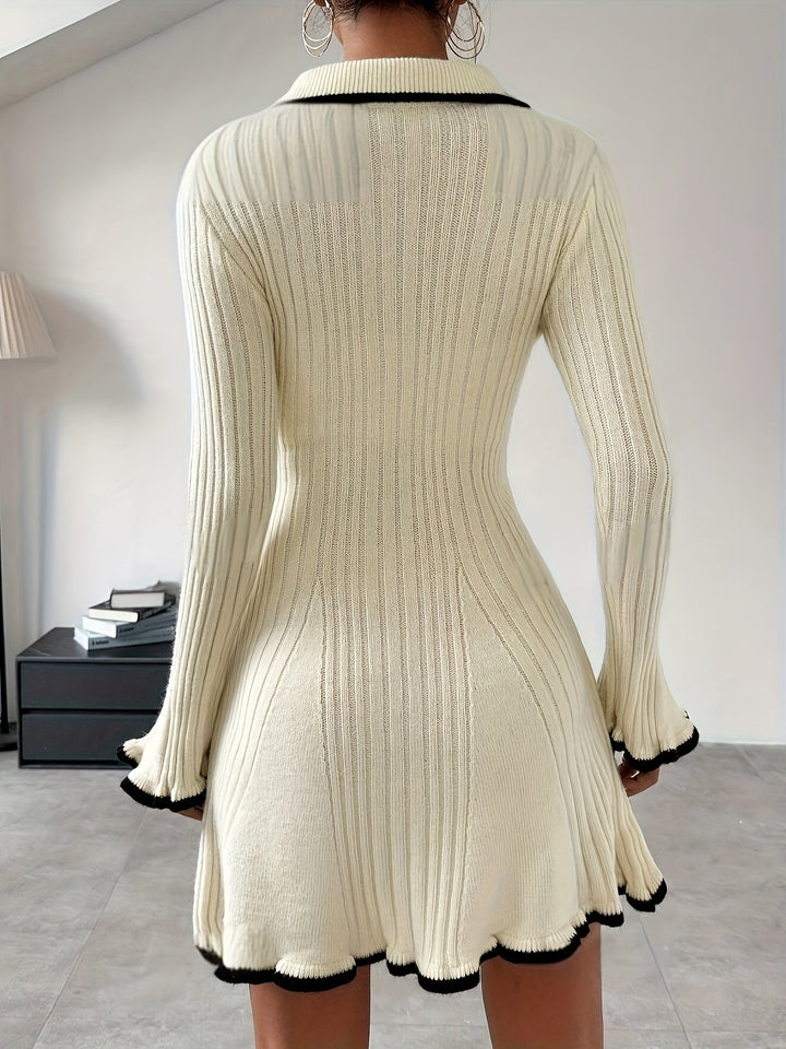 Drune | Farbblock Salat Besatz A-Linie Knopf Vorderseite Schlag Ärmel Gerippt Pullover Formelles Kleid Für Frauen - Für formelle Anlässe