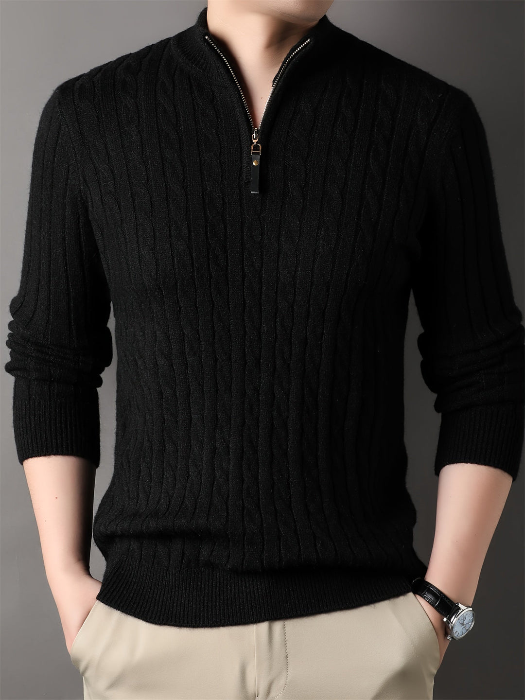 Drune | Lässiger Herrenpullover aus Zopfstrick mit Reißverschluss