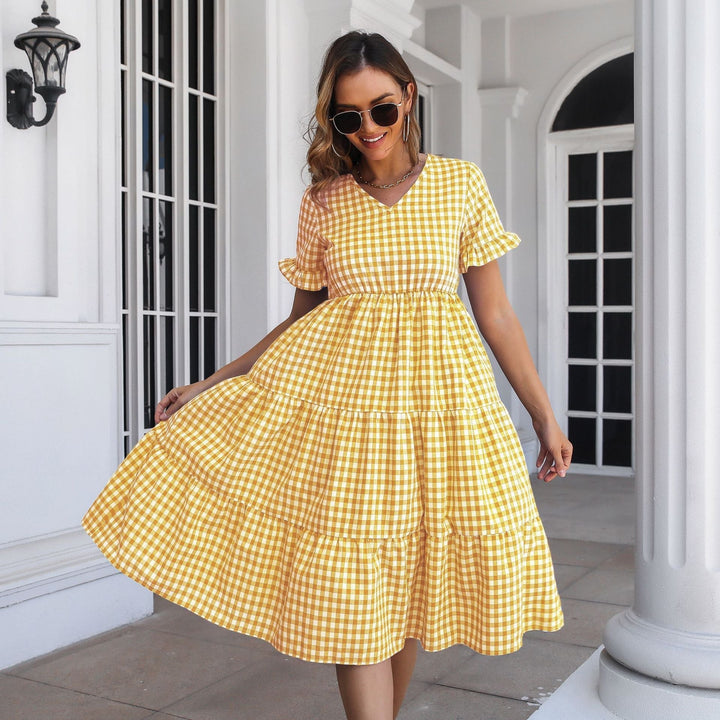 Drune | Karierter Midi-Kleid mit Gestuftem Rock und Kurzen Ärmeln
