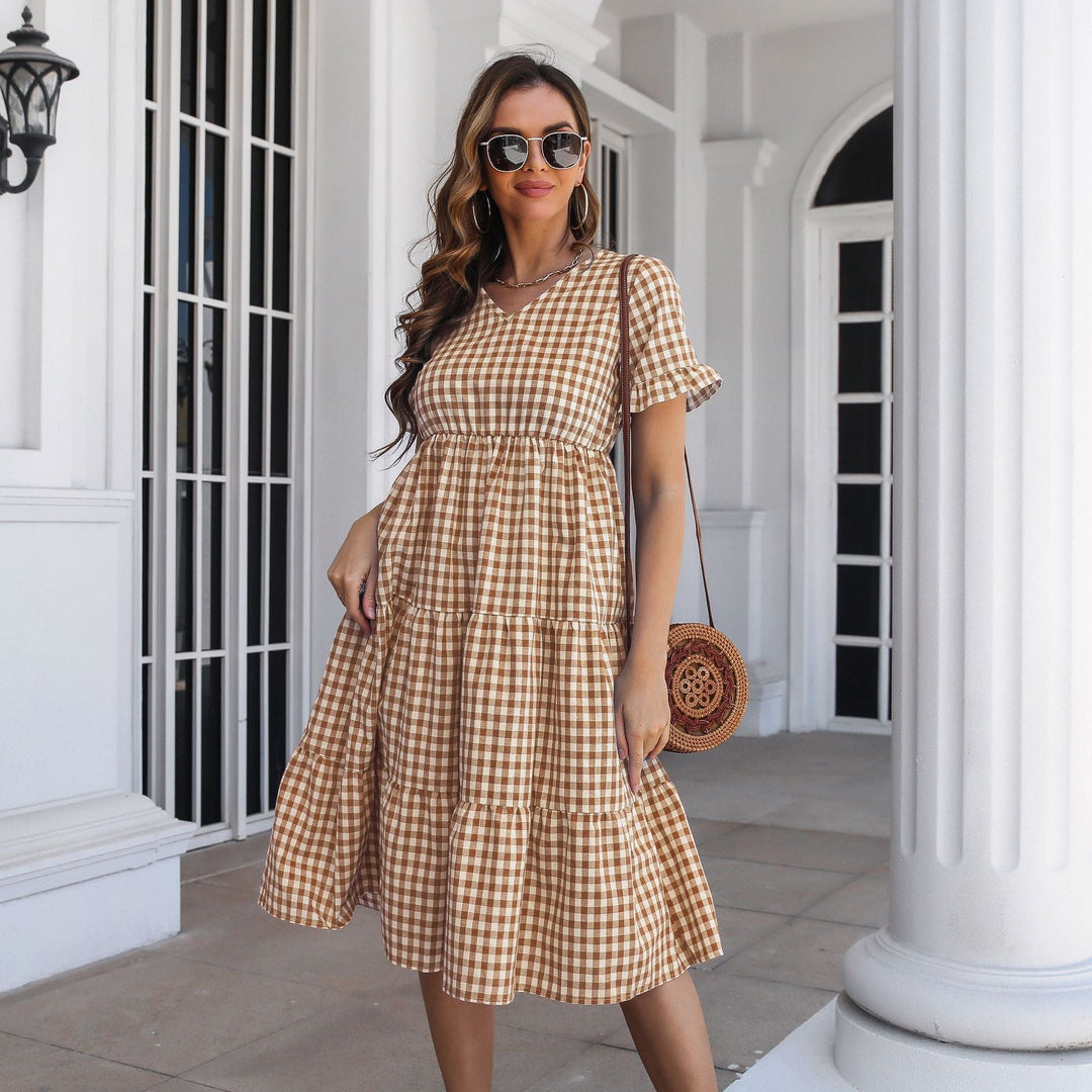 Drune | Karierter Midi-Kleid mit Gestuftem Rock und Kurzen Ärmeln