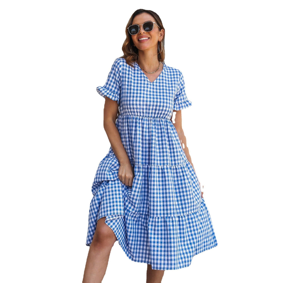 Drune | Karierter Midi-Kleid mit Gestuftem Rock und Kurzen Ärmeln