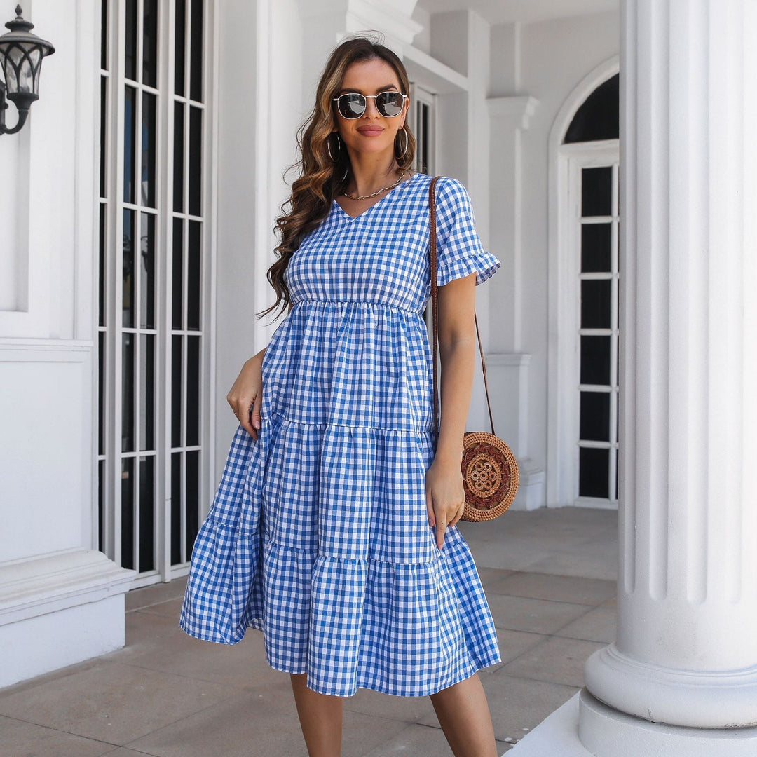 Drune | Karierter Midi-Kleid mit Gestuftem Rock und Kurzen Ärmeln
