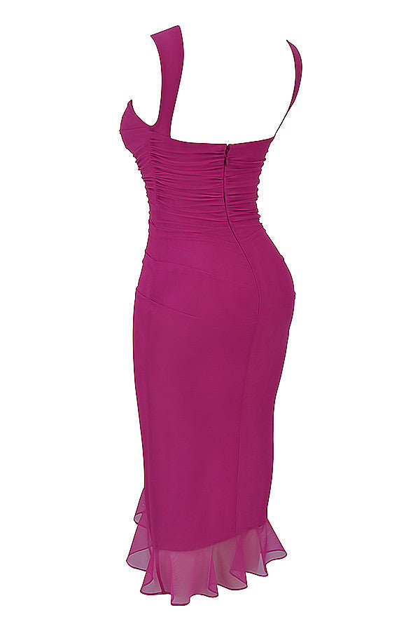 Drune | Mistress Rocks Magenta Midi-Kleid mit Rüschen