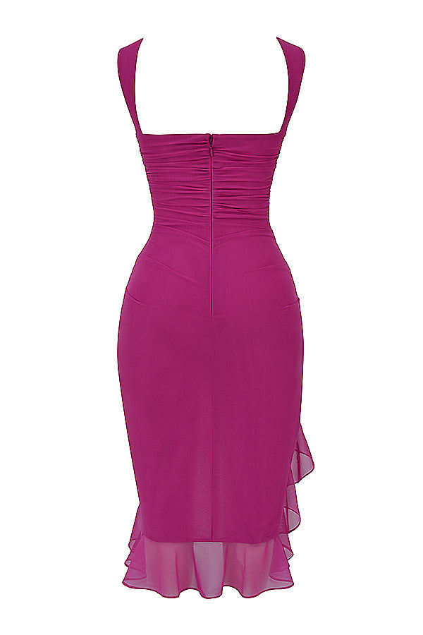 Drune | Mistress Rocks Magenta Midi-Kleid mit Rüschen
