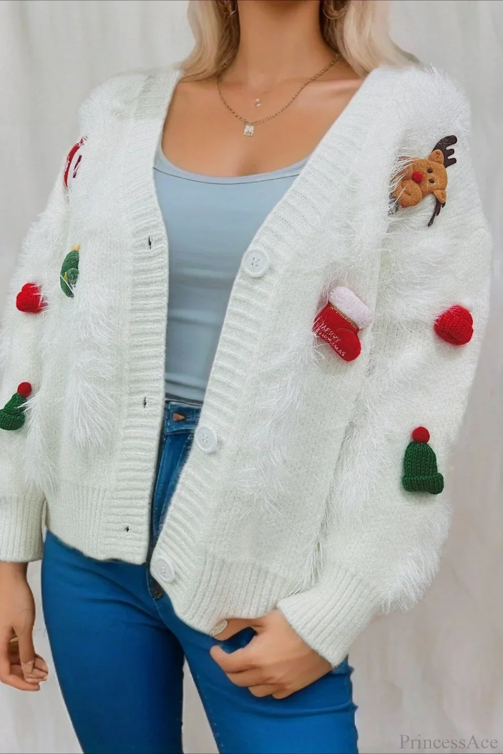 Drune | Weihnachten Mink Fleece 3D Trim Einreiher Cardigan Sweater