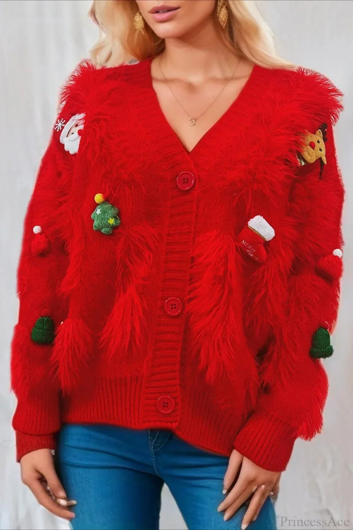 Drune | Weihnachten Mink Fleece 3D Trim Einreiher Cardigan Sweater