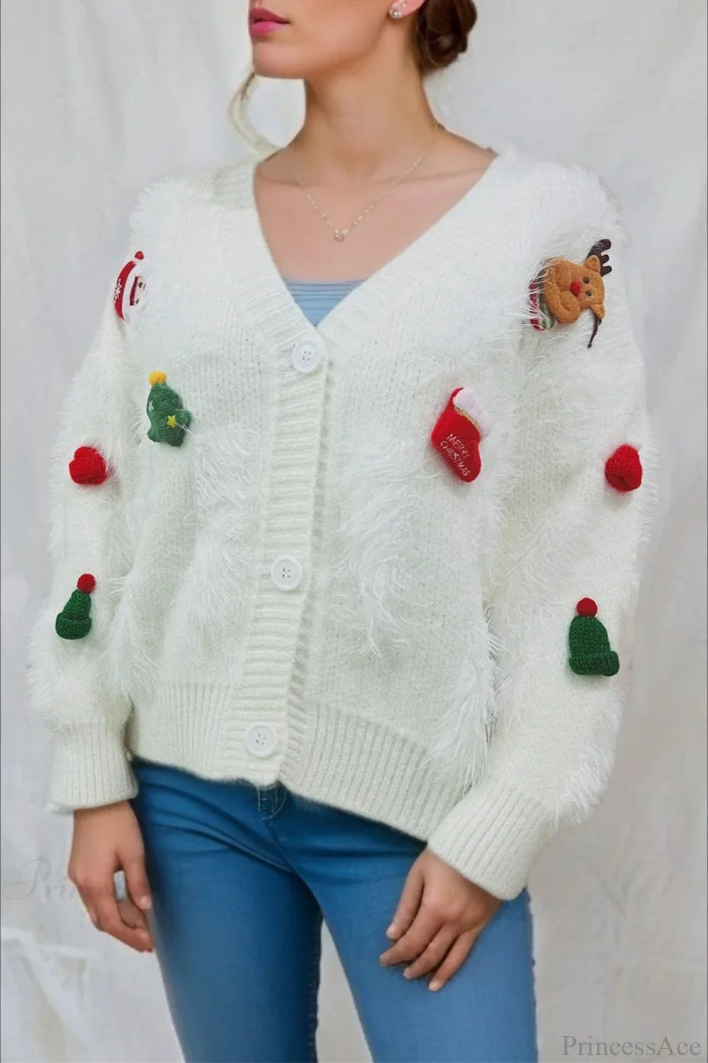 Drune | Weihnachten Mink Fleece 3D Trim Einreiher Cardigan Sweater