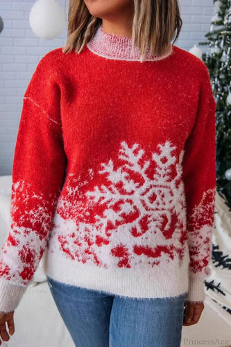 Drune | Weihnachtsrote Schneeflockenmuster Rollkragen Weitgeschnittene Pullover