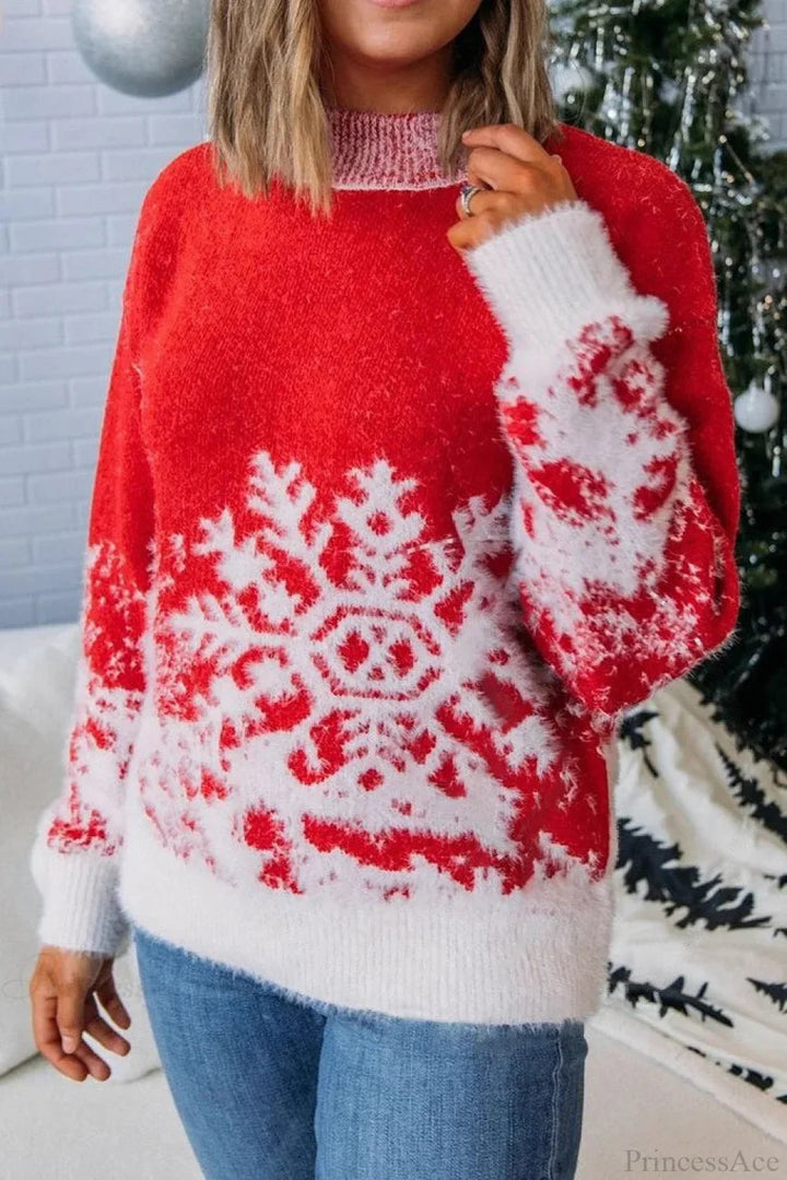 Drune | Weihnachtsrote Schneeflockenmuster Rollkragen Weitgeschnittene Pullover