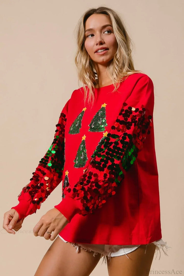 Drune | Weihnachts Pailletten Langarm Lässiges Sweatshirt