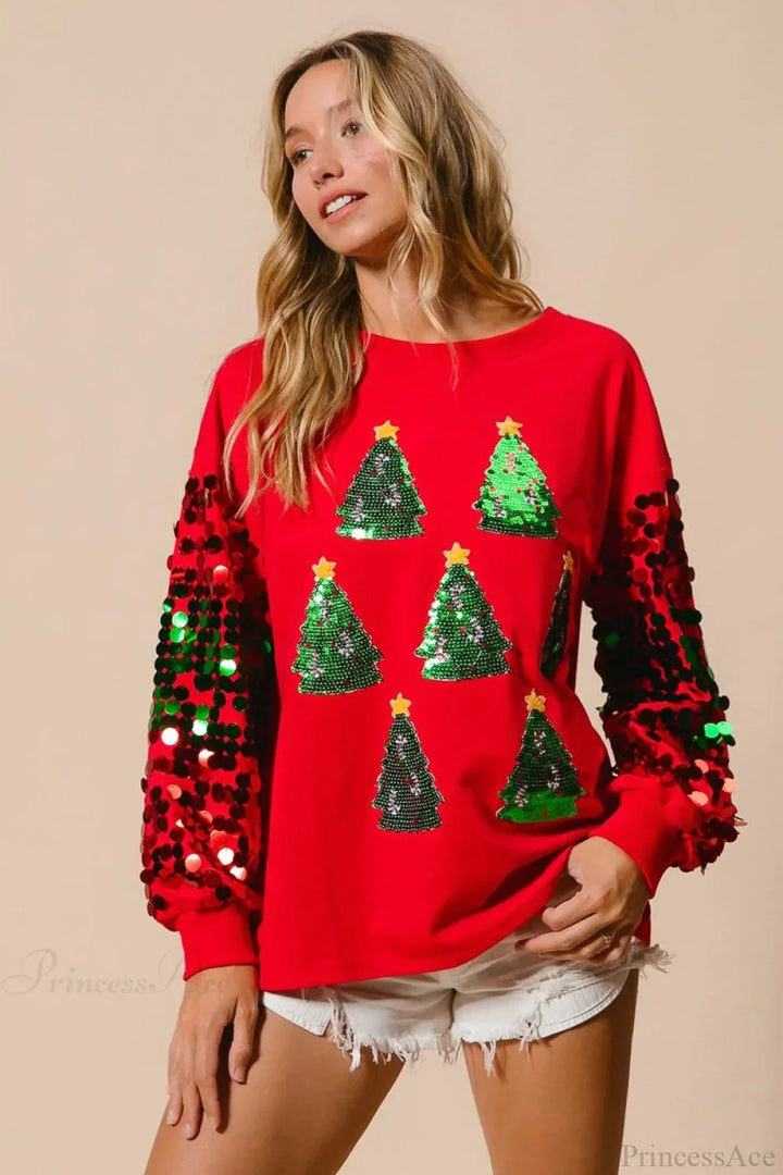 Drune | Weihnachts Pailletten Langarm Lässiges Sweatshirt