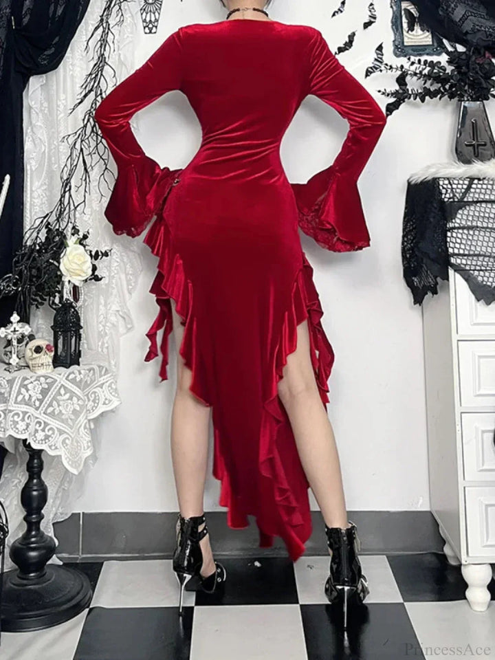 Drune | Christmas Samt Spitzen Patchwork Midi Kleid