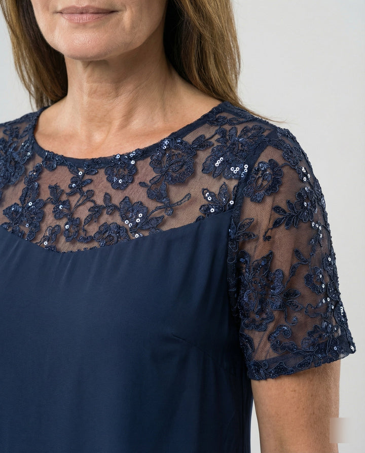 Damen Elegantes Schichtkleid mit Spitzenärmel und asymmetrischem Saum Drune