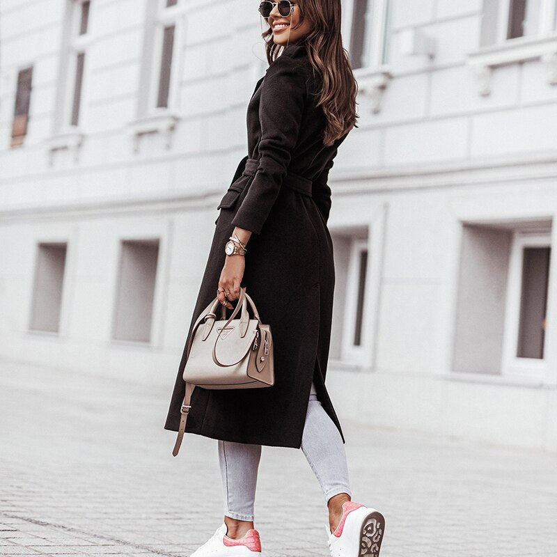 Drune | Damen Notch Lapel Langmantel Taillengürtel
