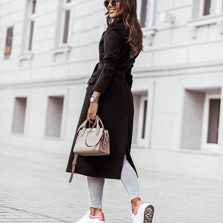 Drune | Damen Notch Lapel Langmantel Taillengürtel