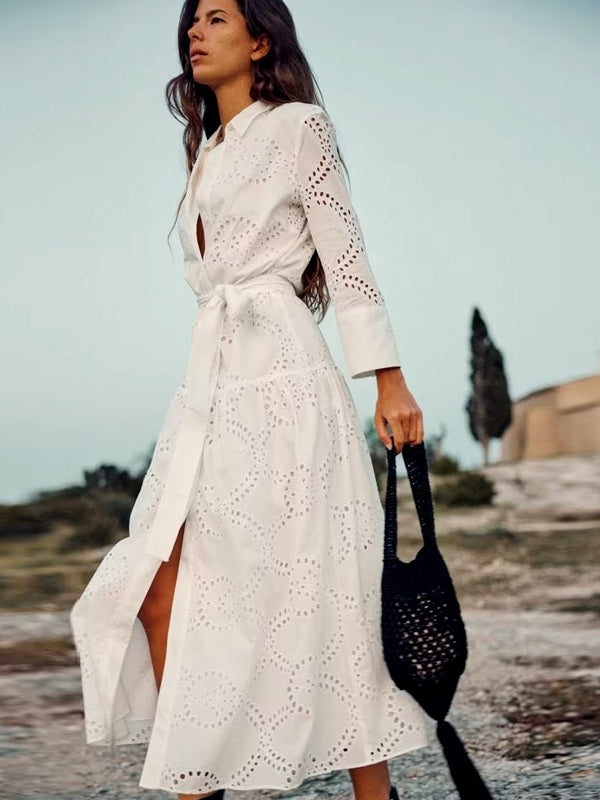 Drune | Stilvolles Weißes Damen Chic Loch Midi Kleid