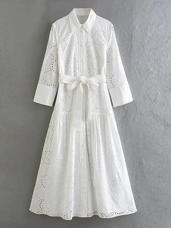 Drune | Stilvolles Weißes Damen Chic Loch Midi Kleid