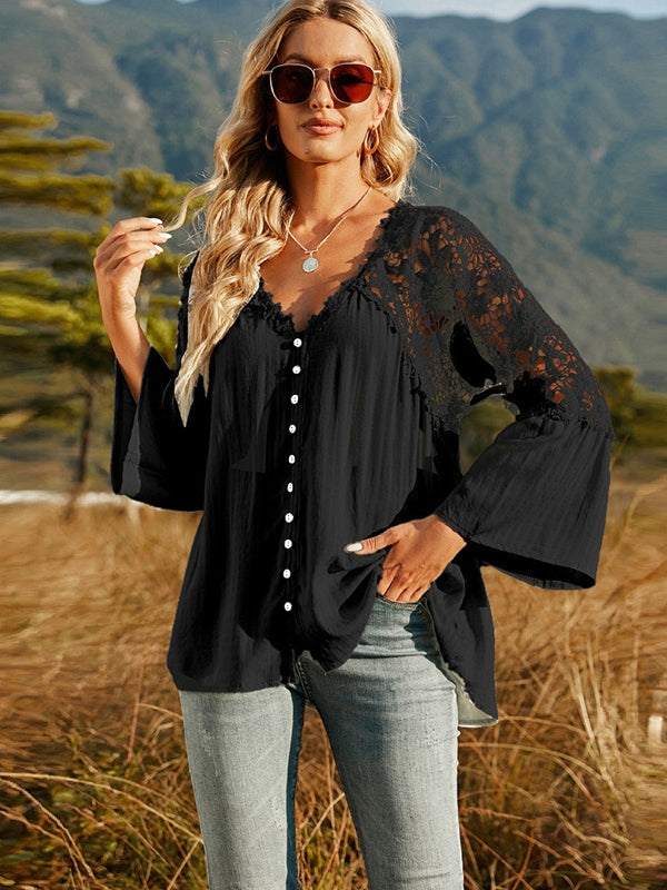 Drune | Damen Hollow Vintage Spitze Lockere Bluse