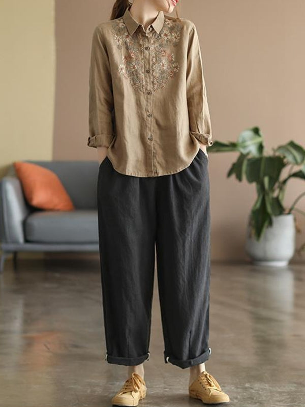 Drune | Bequemes ethnisches blumiges Baumwoll-Leinen-Shirt für Frauen