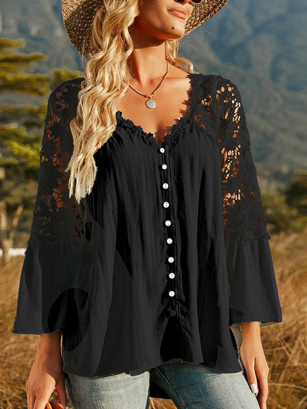 Drune | Damen Hollow Vintage Spitze Lockere Bluse