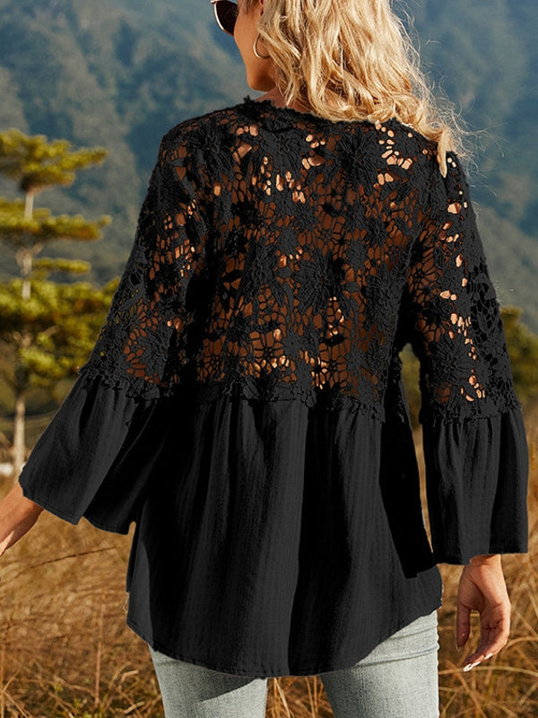 Drune | Damen Hollow Vintage Spitze Lockere Bluse