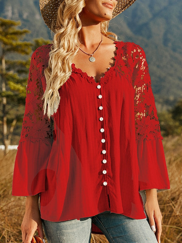 Drune | Damen Hollow Vintage Spitze Lockere Bluse
