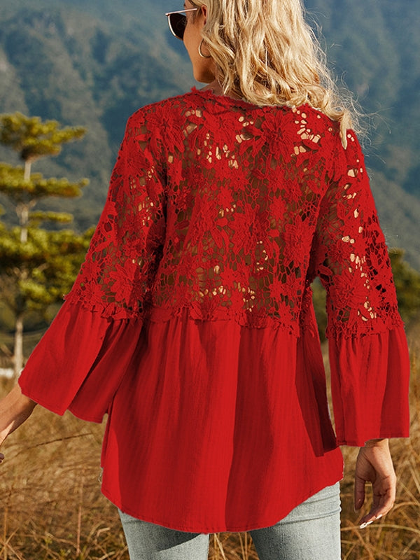 Drune | Damen Hollow Vintage Spitze Lockere Bluse