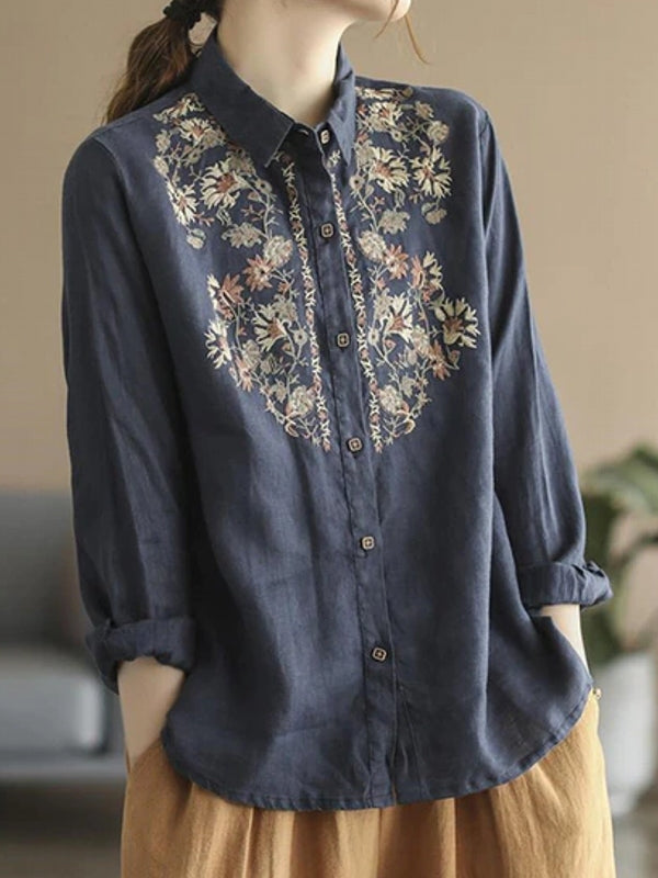 Drune | Bequemes ethnisches blumiges Baumwoll-Leinen-Shirt für Frauen