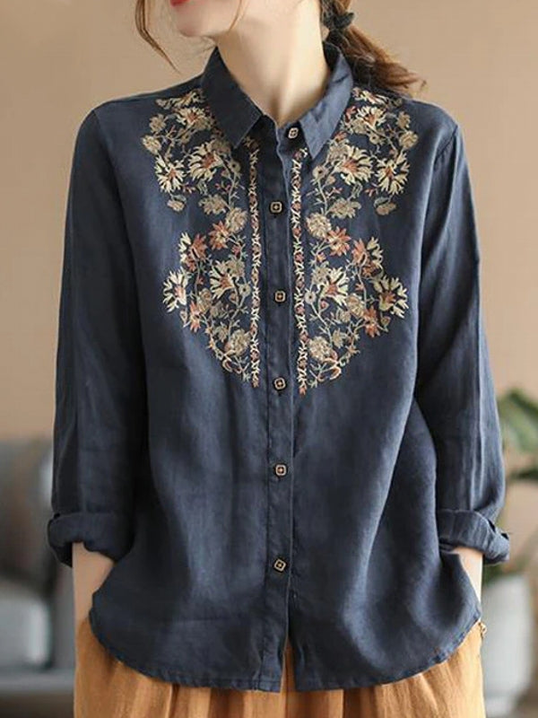 Drune | Bequemes ethnisches blumiges Baumwoll-Leinen-Shirt für Frauen