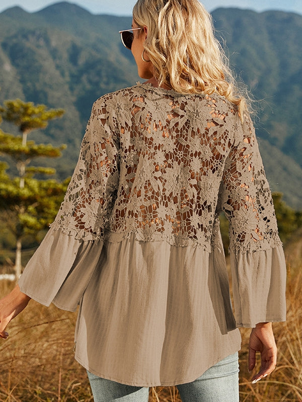 Drune | Damen Hollow Vintage Spitze Lockere Bluse