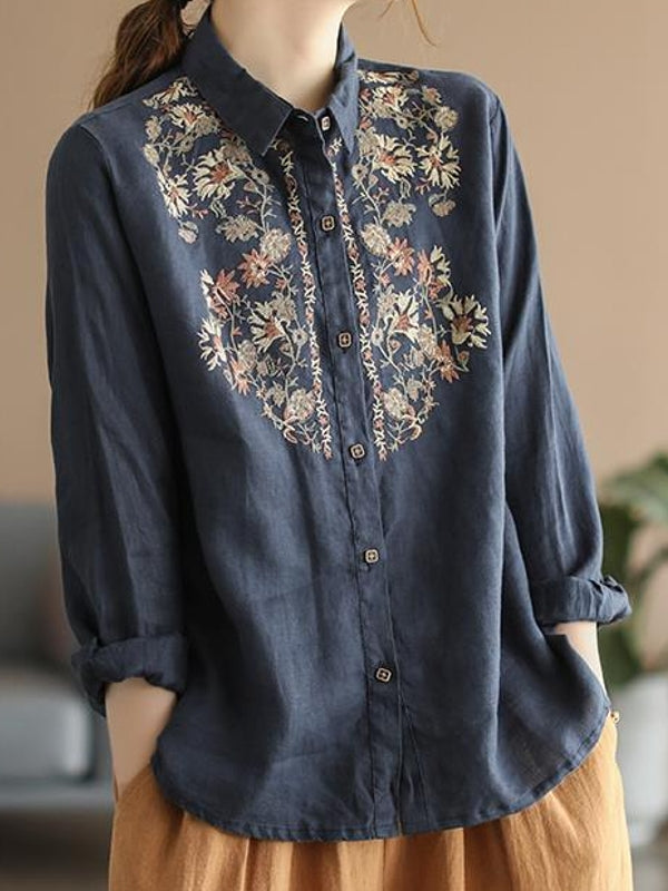 Drune | Bequemes ethnisches blumiges Baumwoll-Leinen-Shirt für Frauen