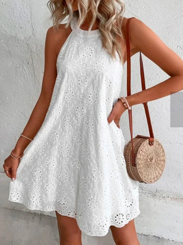 Drune | Sommer Frauen O-Ausschnitt Sexy Schmal Weiß Mini Kleid