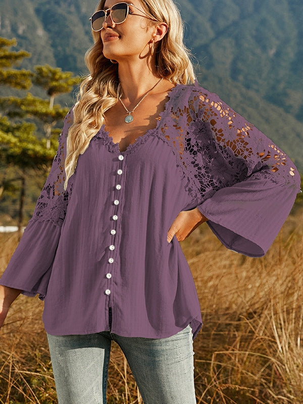 Drune | Damen Hollow Vintage Spitze Lockere Bluse