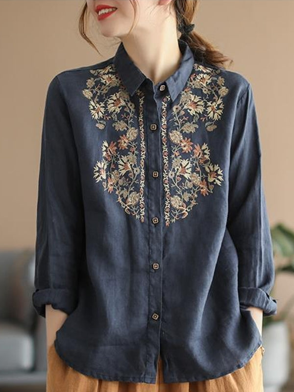 Drune | Bequemes ethnisches blumiges Baumwoll-Leinen-Shirt für Frauen
