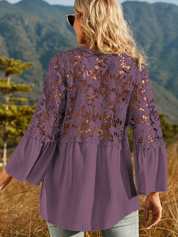 Drune | Damen Hollow Vintage Spitze Lockere Bluse