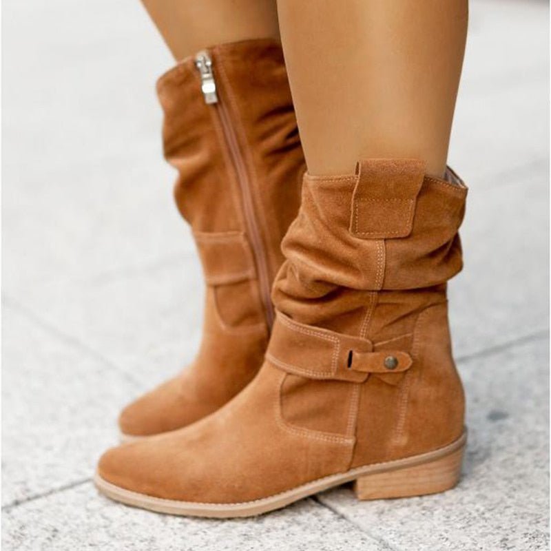 Drune | Stiefeletten Wildleder Finish Niedriger Absatz Lässiges Faltbares Design Riemen Detail