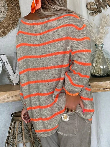 Drune | Strick Oversize Pullover Beige mit Orangefarbenen Streifen Baumwollmischung Lässig und Bequem