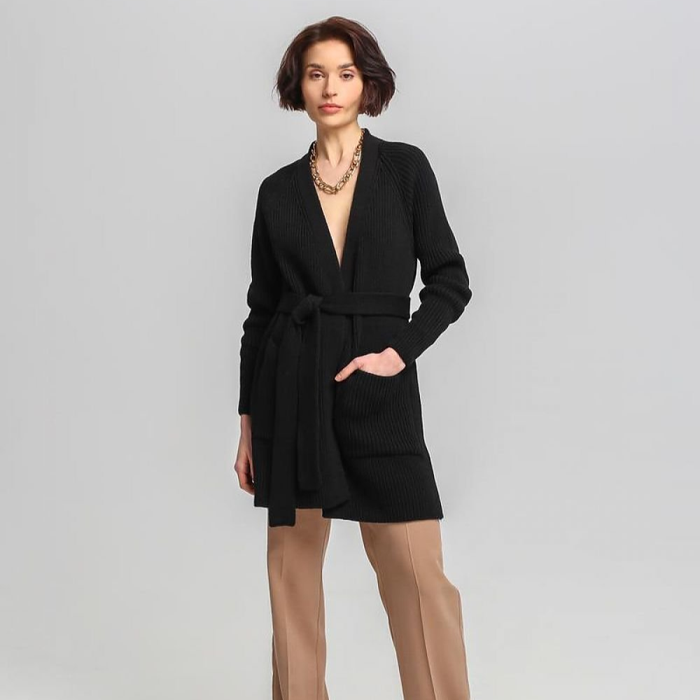 Drune | Lang Rib-strickjacke Gürtel in Der Taille Elegant und Warm