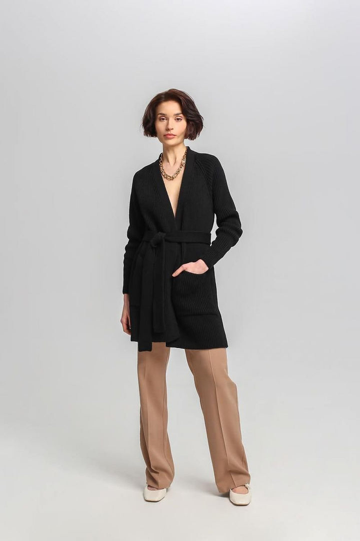 Drune | Lang Rib-strickjacke Gürtel in Der Taille Elegant und Warm