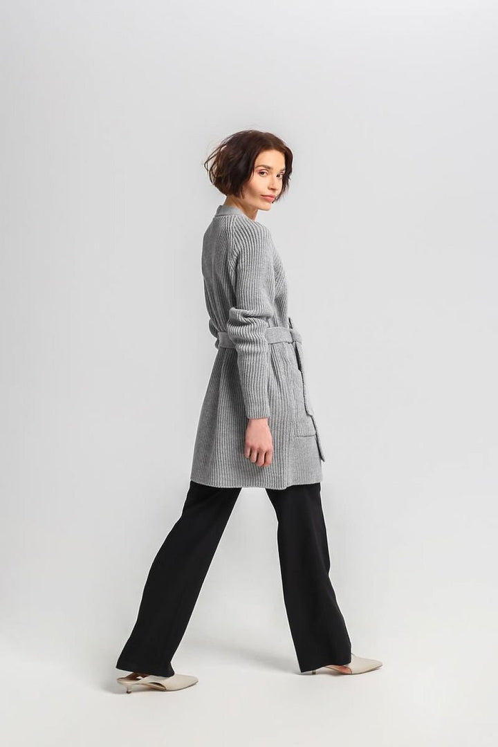 Drune | Lang Rib-strickjacke Gürtel in Der Taille Elegant und Warm