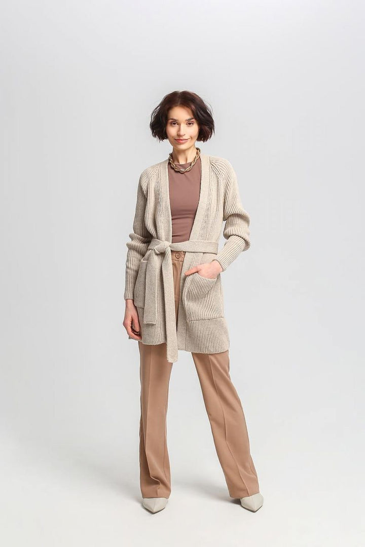 Drune | Lang Rib-strickjacke Gürtel in Der Taille Elegant und Warm