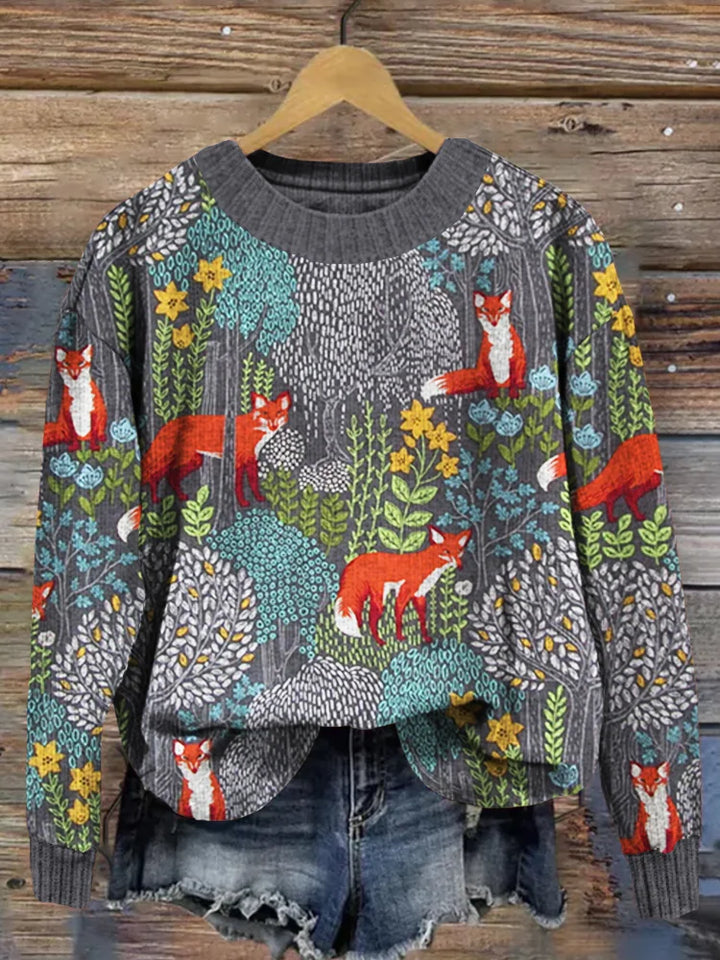 Drune | Elegantes Langarm-T-Shirt mit Wald-Fox-Muster für Frauen
