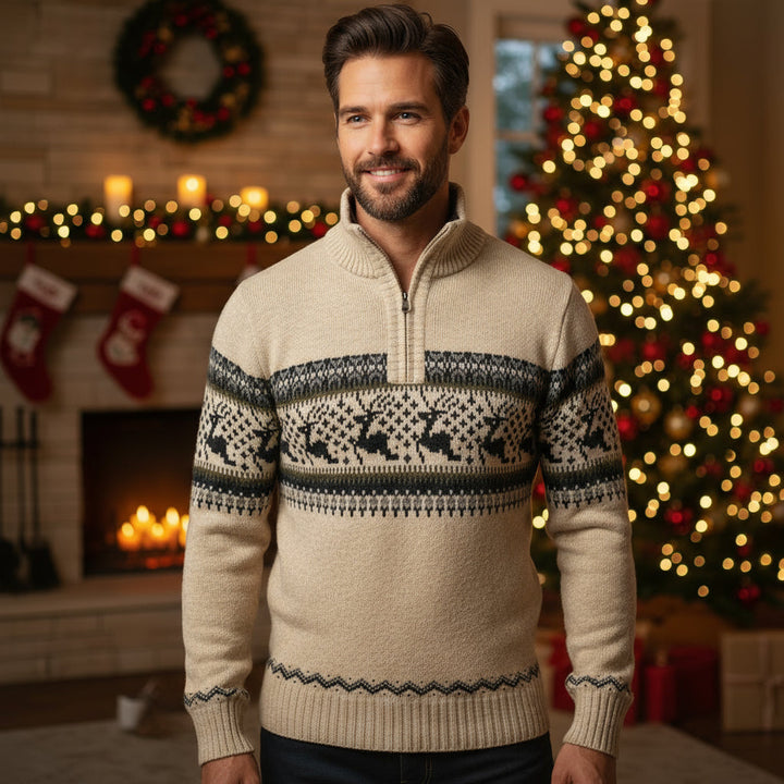 Drune | Winter Pullover für Männer - warmer Strickpullover mit halbem Reißverschluss & skandinavischem Rentier-Muster